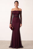 Red Mermaid Off the Shoulder Sheer Mesh Long Sleeves Long Formal Dress