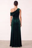 Dark Green Sheath Velvet Asymmetrical One Shoulder Long Formal Dress with Slit