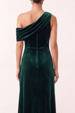 Dark Green Sheath Velvet Asymmetrical One Shoulder Long Formal Dress with Slit