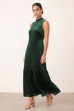 Dark Green Velvet A-Line High Neck Ruffled Midi Holiday Party Dress with Beading
