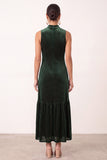 Dark Green Velvet A-Line High Neck Ruffled Midi Holiday Party Dress with Beading