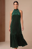 Dark Green Velvet A-Line High Neck Ruffled Midi Holiday Party Dress with Beading