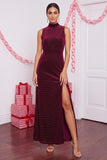 Burgundy Velvet Sheath High Neck Beaded Midi Holiday Party Dress with Slit