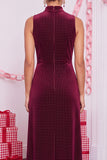 Burgundy Velvet Sheath High Neck Beaded Midi Holiday Party Dress with Slit