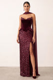 Burgundy Velvet Sequins Sheath Strapless Long Holiday Party Dress with Chiffon Draping
