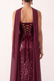 Burgundy Velvet Sequins Sheath Strapless Long Holiday Party Dress with Chiffon Draping