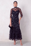 Black Mermaid Illusion Round Neck Floral Ruffled Midi Wedding Guest Dress with 3/4 Sleeves
