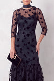 Black Mermaid Illusion Round Neck Floral Ruffled Midi Wedding Guest Dress with 3/4 Sleeves