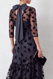 Black Mermaid Illusion Round Neck Floral Ruffled Midi Wedding Guest Dress with 3/4 Sleeves
