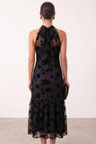 Black A-Line Halter Floral Illusion Tulle Midi Wedding Guest Dress