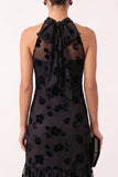 Black A-Line Halter Floral Illusion Tulle Midi Wedding Guest Dress