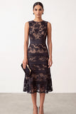 Black A-Line Round Neck Embroidery Satin Midi Floral Dress