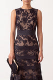 Black A-Line Round Neck Embroidery Satin Midi Floral Dress