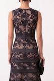 Black A-Line Round Neck Embroidery Satin Midi Floral Dress