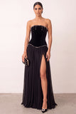 Black Velvet A-Line Strapless Pleated Chiffon Pearls Long Formal Party Dress with Slit