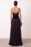 Black Velvet A-Line Strapless Pleated Chiffon Pearls Long Formal Party Dress with Slit