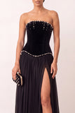 Black Velvet A-Line Strapless Pleated Chiffon Pearls Long Formal Party Dress with Slit