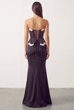 Black White Satin Mermaid Pearls Strapless Long Formal Dress with Slit