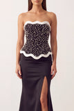 Black White Satin Mermaid Pearls Strapless Long Formal Dress with Slit