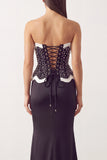 Black White Satin Mermaid Pearls Strapless Long Formal Dress with Slit