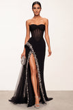 Black Corset Sheer Mermaid Strapless Tulle Long Formal Dress with Rhinestones