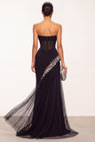 Black Corset Sheer Mermaid Strapless Tulle Long Formal Dress with Rhinestones