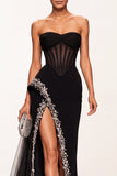 Black Corset Sheer Mermaid Strapless Tulle Long Formal Dress with Rhinestones