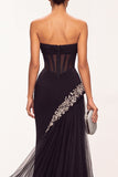 Black Corset Sheer Mermaid Strapless Tulle Long Formal Dress with Rhinestones