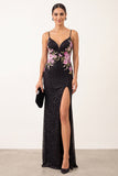 Black Sheath Floral Beaded Spaghetti Straps Long Formal Dress with Slit