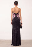 Black Sheath Floral Beaded Spaghetti Straps Long Formal Dress with Slit