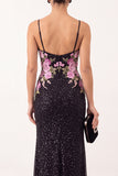 Black Sheath Floral Beaded Spaghetti Straps Long Formal Dress with Slit