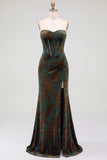 Dark Green Velvet Mermaid Corset Strapless Ruched Long Formal Dress with Slit
