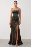 Dark Green Velvet Mermaid Corset Strapless Ruched Long Formal Dress with Slit