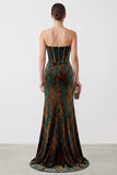 Dark Green Velvet Mermaid Corset Strapless Ruched Long Formal Dress with Slit