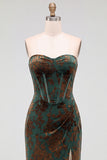 Dark Green Velvet Mermaid Corset Strapless Ruched Long Formal Dress with Slit