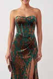 Dark Green Velvet Mermaid Corset Strapless Ruched Long Formal Dress with Slit