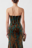 Dark Green Velvet Mermaid Corset Strapless Ruched Long Formal Dress with Slit
