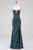 Dark Blue Mermaid Ruched Strapless Rhinestones Cut Out Long Formal Dress with Slit