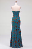 Dark Blue Mermaid Ruched Strapless Rhinestones Cut Out Long Formal Dress with Slit