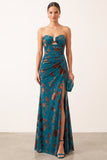 Dark Blue Mermaid Ruched Strapless Rhinestones Cut Out Long Formal Dress with Slit