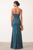 Dark Blue Mermaid Ruched Strapless Rhinestones Cut Out Long Formal Dress with Slit