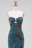 Dark Blue Mermaid Ruched Strapless Rhinestones Cut Out Long Formal Dress with Slit