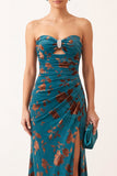 Dark Blue Mermaid Ruched Strapless Rhinestones Cut Out Long Formal Dress with Slit