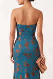 Dark Blue Mermaid Ruched Strapless Rhinestones Cut Out Long Formal Dress with Slit