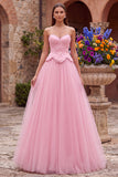Pink A-Line Tulle Embroidery Beaded Strapless Long Prom Dress