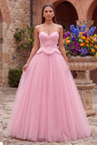 Pink A-Line Tulle Embroidery Beaded Strapless Long Prom Dress
