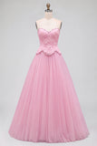 Pink A-Line Tulle Embroidery Beaded Strapless Long Prom Dress