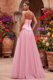 Pink A-Line Tulle Embroidery Beaded Strapless Long Prom Dress