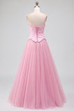 Pink A-Line Tulle Embroidery Beaded Strapless Long Prom Dress