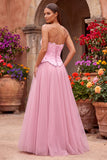 Pink A-Line Tulle Embroidery Beaded Strapless Long Prom Dress